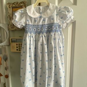 Blue and White Bow Toddler 2T Smocked Formal Easter Dress w/ Collar